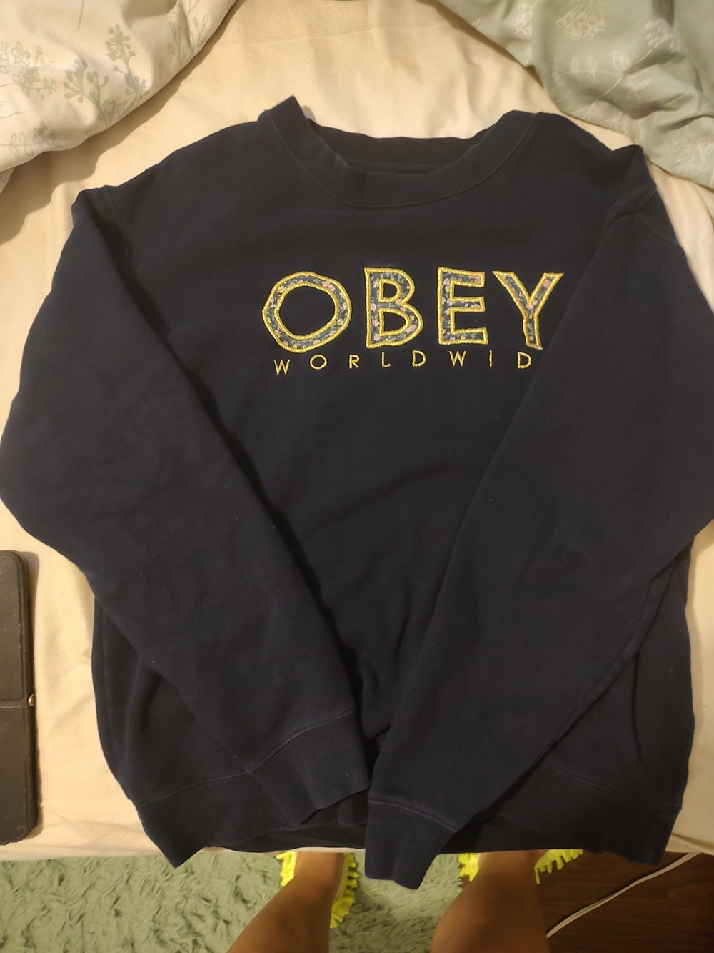 Obey Navy Crewneck Sweatshirt with Yellow Logo Stitching